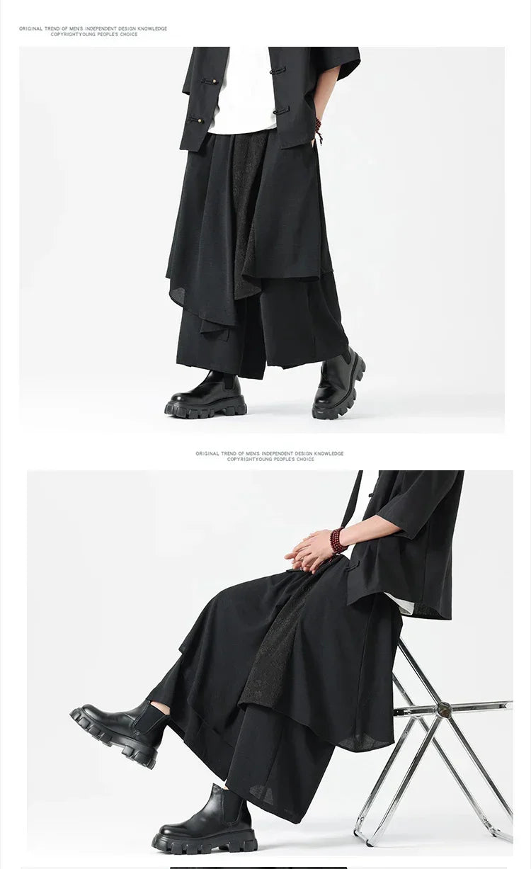 Men's Wide Leg Fashion Pants Pleated Elastic Waist Designer Tie Side Wrap Trousers Summer Streetwear Chinese Japanese Type Pants