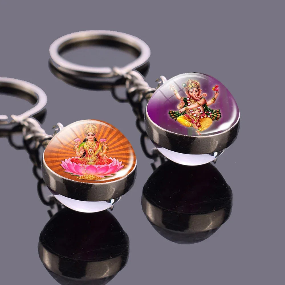 Hinduism Keychains Glass Ball Pendant Ganesha Lakshmi Shiva Goddess of Wealth Key Chains Amulet Indian Buddhist Jewelry