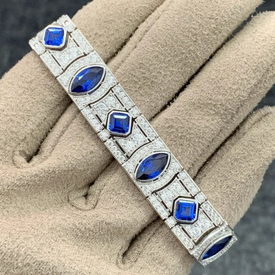 Wong Rain Elegant 100% 925 Sterling Silver Marquise Cut Sapphire Gemstone Women Bracelets Bangle Fine Jewelry Anniversary Gifts