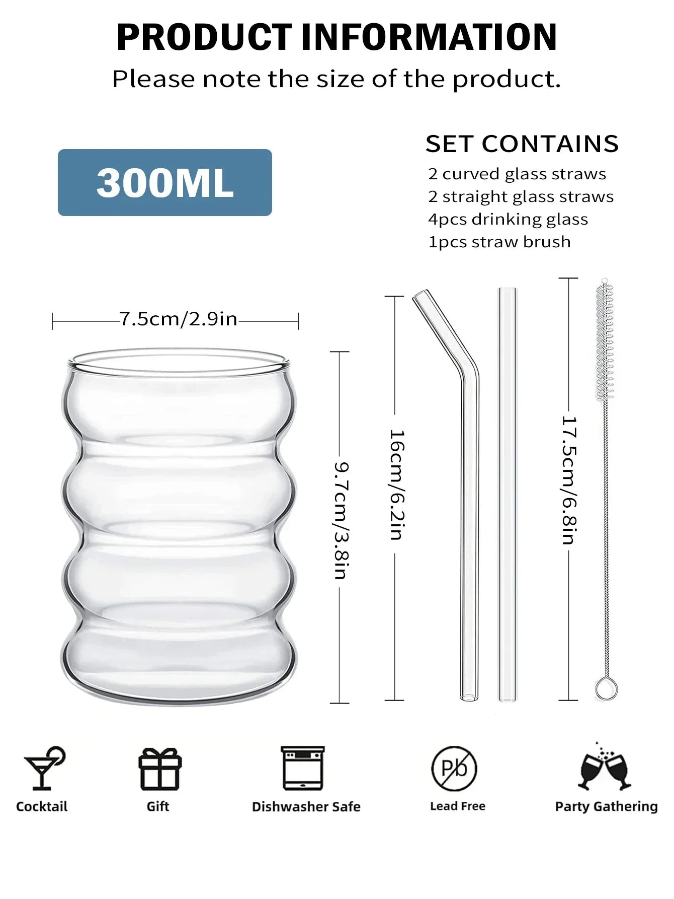 Leeseph 4Pcs Creative Glass Cups Coffee Mug Vintage Drinking Glasses Ribbed Glassware Aesthetic Cups with Straws Set