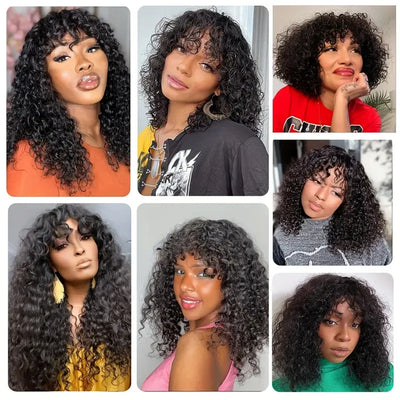Long Curly Wig with Bangs Human Hair Full Machine Made Wear and Go Glueless Wig Water Wave Wigs with Bangs for Black Women 180%