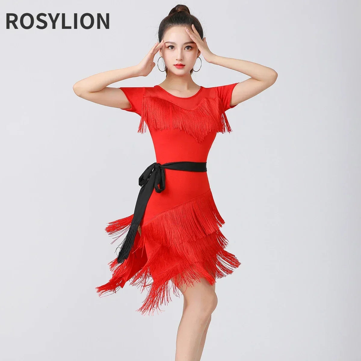 Women Latin Dance Outfit for Female Adults High End Slim Short Sleeve Tassel Split Dress Purple Red Sexy Practice Dance Clothing