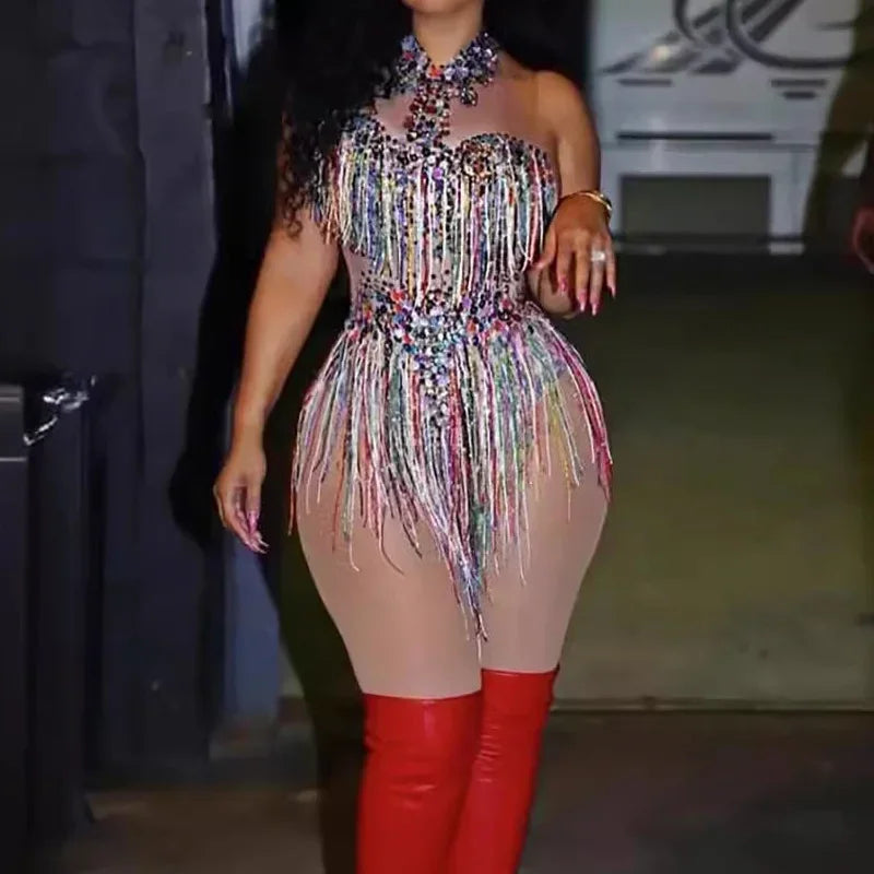 Women Sexy Waist Hollow Bodysuit Colorful Tassel Rhinestone Jumpsuits Holiday Party Dress Ds Dj Nightclub Bar Singer Dance Dress