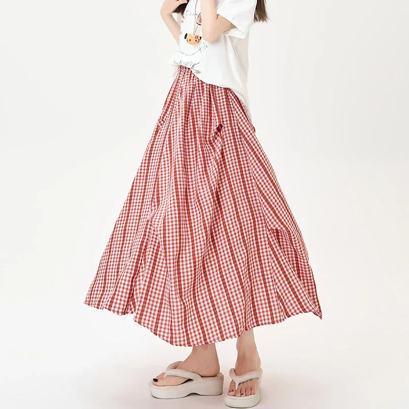 Summer Women Checkered A Line Skirt High Waist Slim Fit Pleated Length Fashion Irregular Contrast Colors Flowy Swing Style