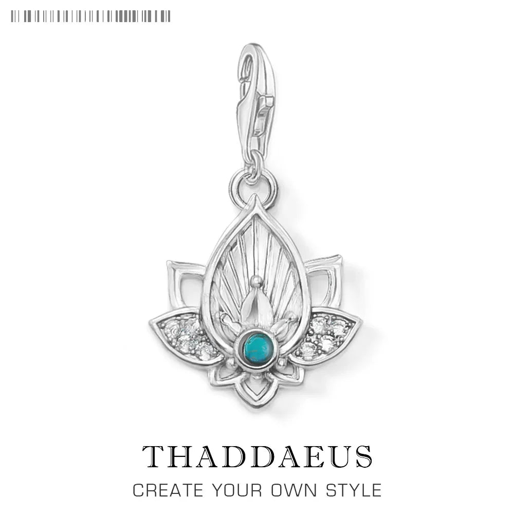 Trendy Buddhism Lotus Pendant Charm For Women Minimalist 925 Sterling Silver Turquoise Gift