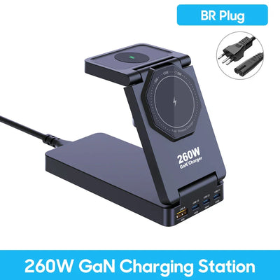 260W Magnetic Wireless Charging Station GaN USB TypeC Charger PPS PD Fast Charge For iPhone 16 15 IWatch AirPods Foldable Holder