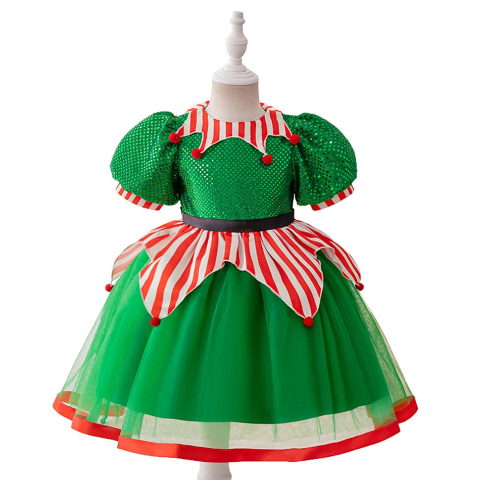 Christmas Dresses Girl Cartoon Print Princess Dress Children Red and Green Sequined Mesh Puff BalL Gown Carnival Clothes