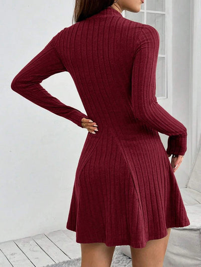 Wine red semi-turtleneck knitted dress for women, long sleeves, slim fit, waist-cinching, flared skirt, autumn and winter slimmi
