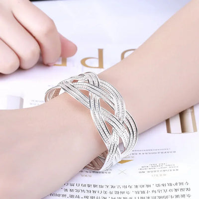 925 Sterling Silver Rings Bracelets Jewelry Set Fine Wide Weave Bangle Adjustable Size Ethnic Style Fashion Party Holiday Gifts