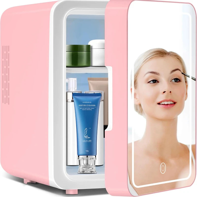 Skincare Fridge with Dimmable LED Light Mirror, 4L Makeup Mini Fridge for Bedroom, Car