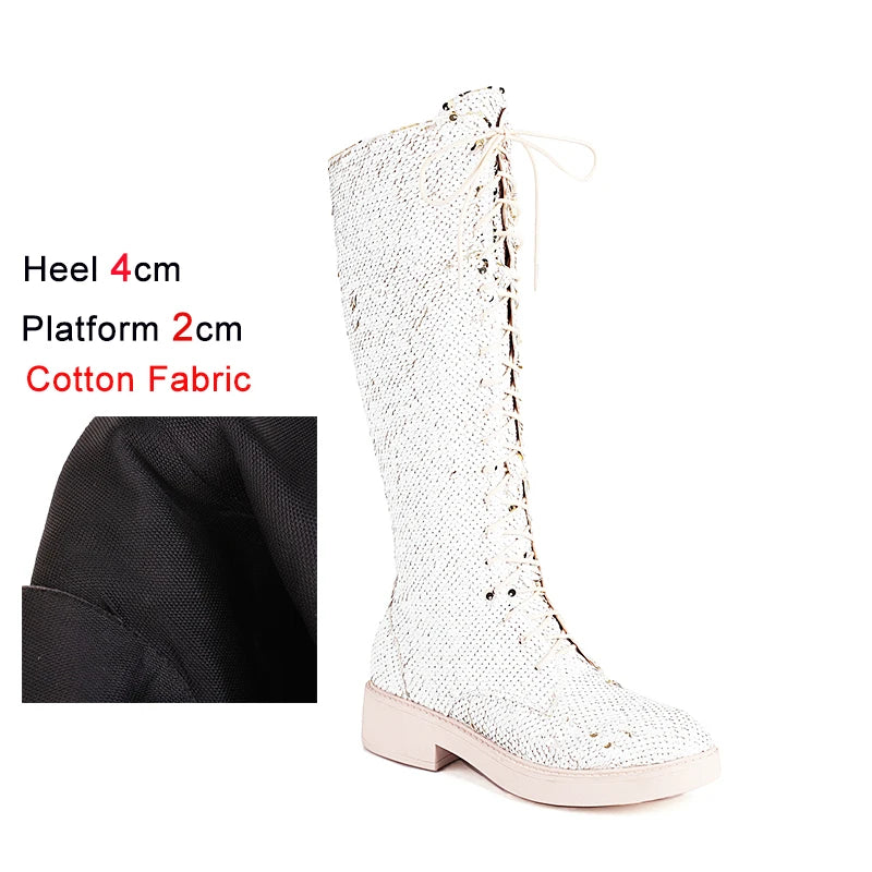 Knee-High Boots Women Flat Gothic Fashion Low Heel Shoes Autumn Winter Sequins Heels Bling Bling Silver Luxury Womens Long Boots