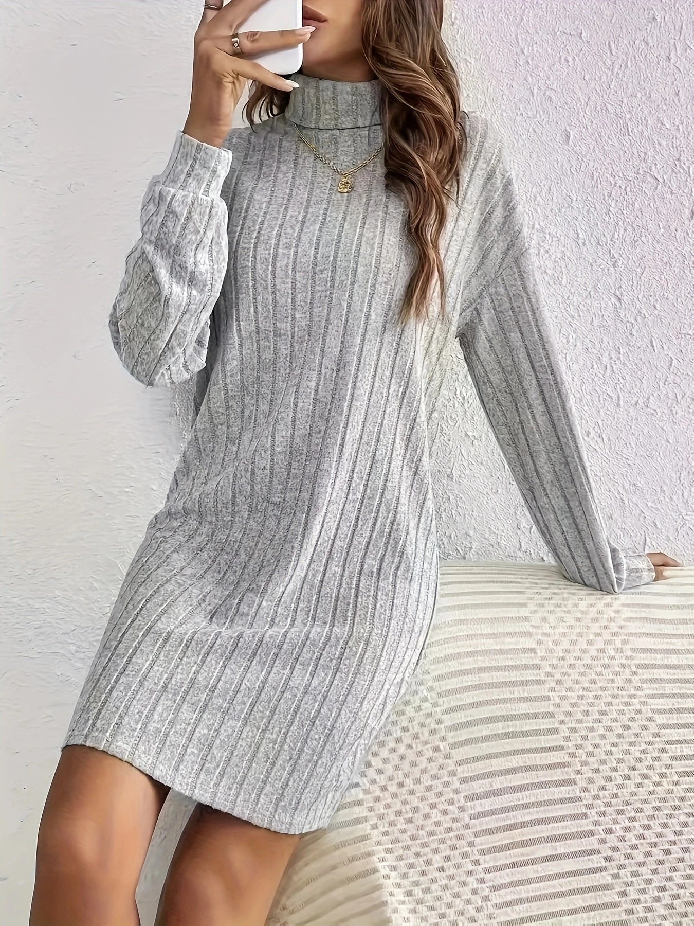 Cozy Casual Turtleneck Dress for Women - Long Sleeve, Ribbed Knit, Mid-Length with Side Stripes - Perfect for Fall/Winter
