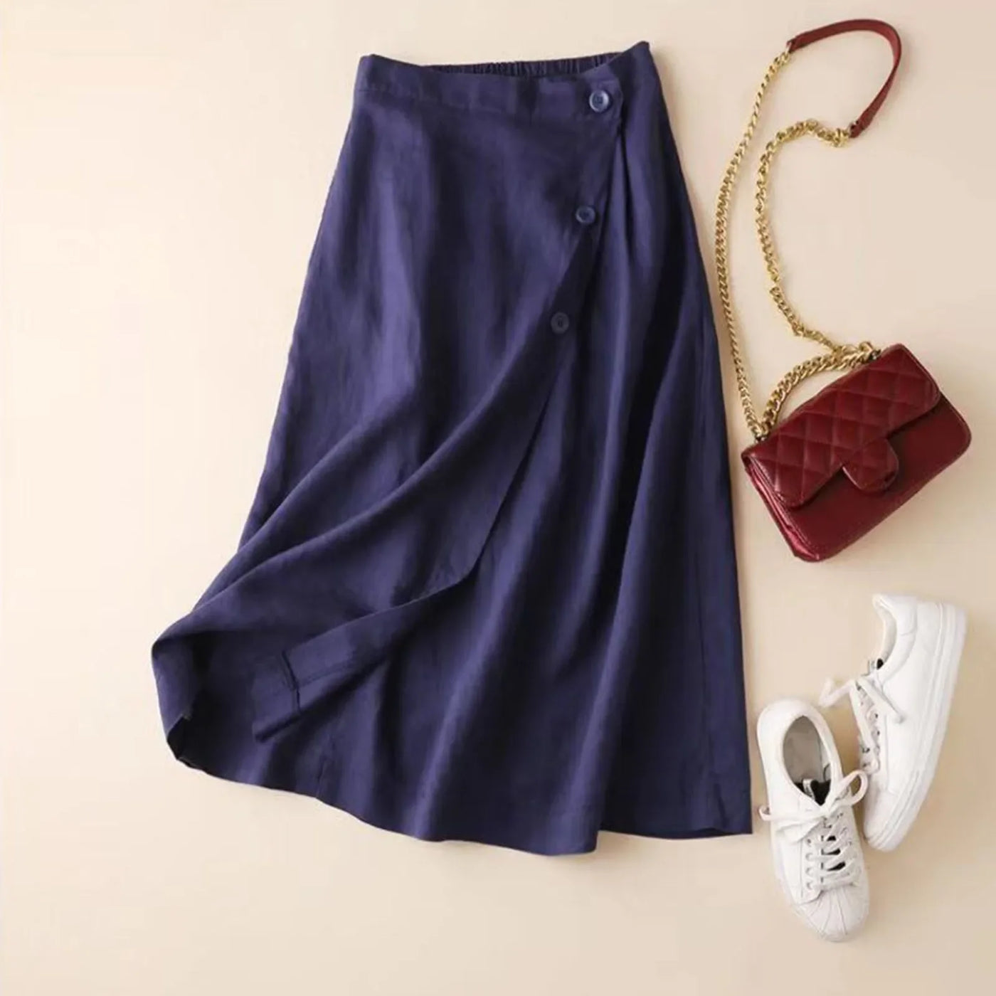 Women's Casual A-Line Skirt Summer Cotton and Linen Mid-Length Back Elastic Waist Button Large Swing Skirt Trendy Matching Skirt