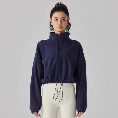 Women's Fleece Short Jacket Full Zip Stand Collar Warm Winter Sherpa Crop Coats with Drawstring Hem Gym Fitness Sports Clothing