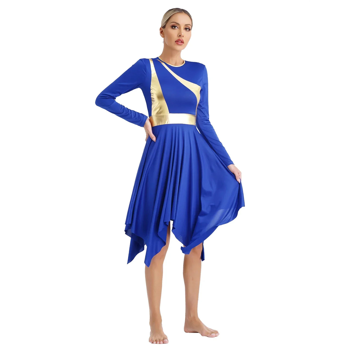 Women Church Choir Worship Liturgical Dress Modern Lyrical Dance Waltz Stage Performance Costume Long Sleeve Metallic Shiny Gown