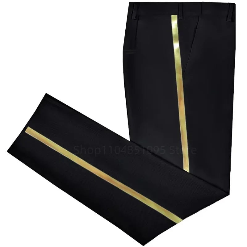 XS-6XL Men's Black Suit Pants Gold Leather Trim Casual Male Formal Business Office Pants Elastic Straight Formal Trousers