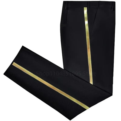 XS-6XL Men's Black Suit Pants Gold Leather Trim Casual Male Formal Business Office Pants Elastic Straight Formal Trousers