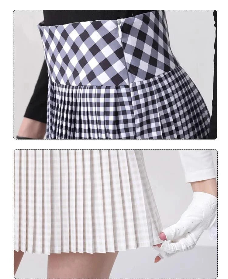 Women's Golfwear for  Slim-Fit Long-Sleeve Top with Polo Collar and Bow Tie, High-End Golf Hundred-Pleat Skirt Suit