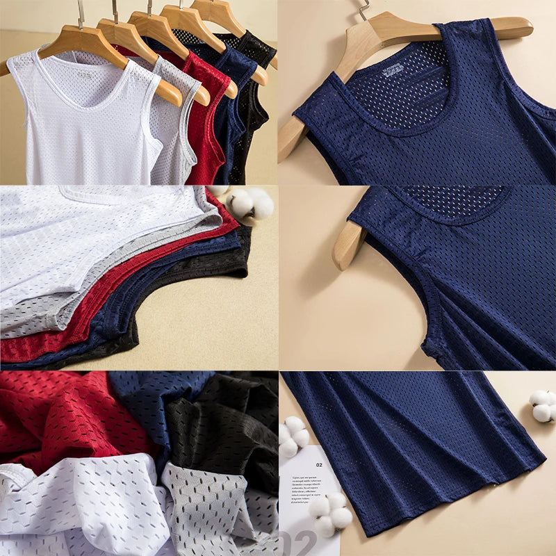 Men's Tank Top Gym Clothing Men Ice Silk Undershirt T-shirt Mesh Bodybuilding Vest Sports Fitness Sleeveless Breathable Tops 5XL