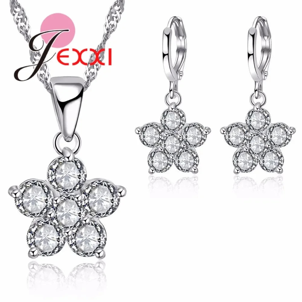 Gorgeous Flower Jewelry Sets Micro Inlaid White Round Crystal 925 Sterling Silver Brand Pendant Necklace/Dangle Earrings