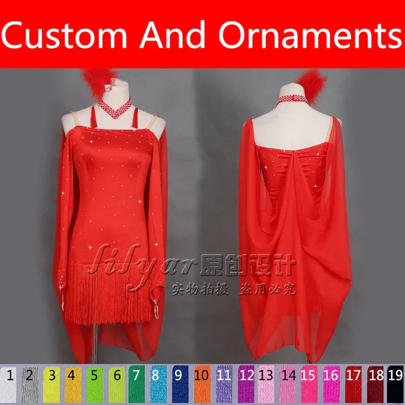 Latin Dance Performance Dress New Women's Customized Big Red Waist Fringe Dance Dress