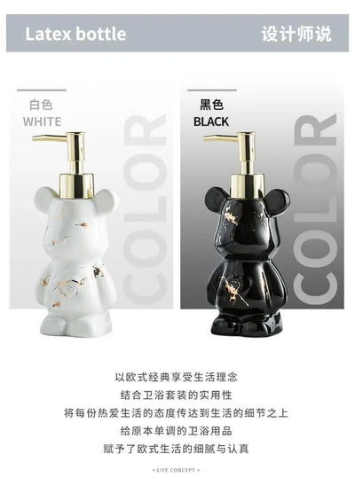 Luxury Marbling Bear Shape Ceramics Soap and Gel Dispenser Creative Black White Empty Shampoo Bottle Bathroom Storage Accessorie