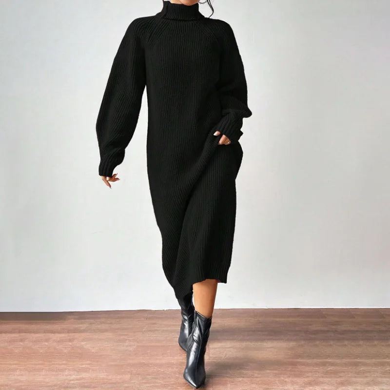 2025 New Winter Knit Dresses Women Turtleneck Straight Long Dress Autumn Solid Full Sleeve Thick Casual Vestidos Basis Lady
