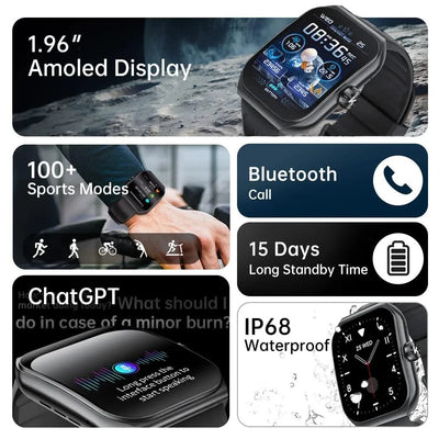 KUMI KU7 Smartwatch 1.96" AMOLED, AI Voice Assistant, Bluetooth Call, SOS Alert, 100+ Sports, Health Monitor