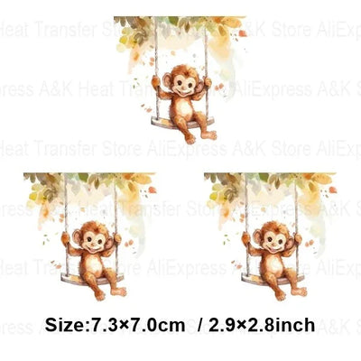 Baby Animal On Swings Heat Transfers For Kids Clothing Elephant Tigers Lion Stickers On Clothes Diy Thermal Patches Decals