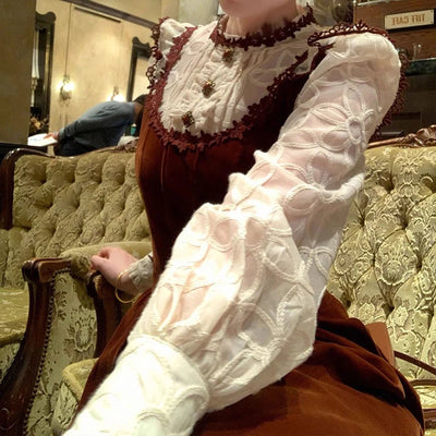 Vintage Velvet Midi Dress Women Elegant Lace Patchwork Dresses Autumn Harajuku Korean Puff Long Sleeve Bodycon Design Vestidos