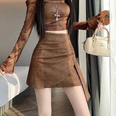 Unique Asymmetrical Suede Skirts for Women retro-style Pencil Skirt Ankle Boots Skirt for Fall Winter, chic outfit