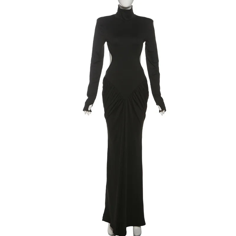 Womens Elegant Turtleneck Ruched Backless Party Dress 2025 Lady Long Sleeve Tunics Folds Long Maxi Formal Gown Evening Dresses
