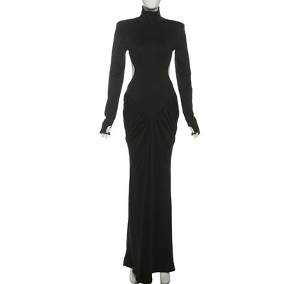Womens Elegant Turtleneck Ruched Backless Party Dress 2025 Lady Long Sleeve Tunics Folds Long Maxi Formal Gown Evening Dresses