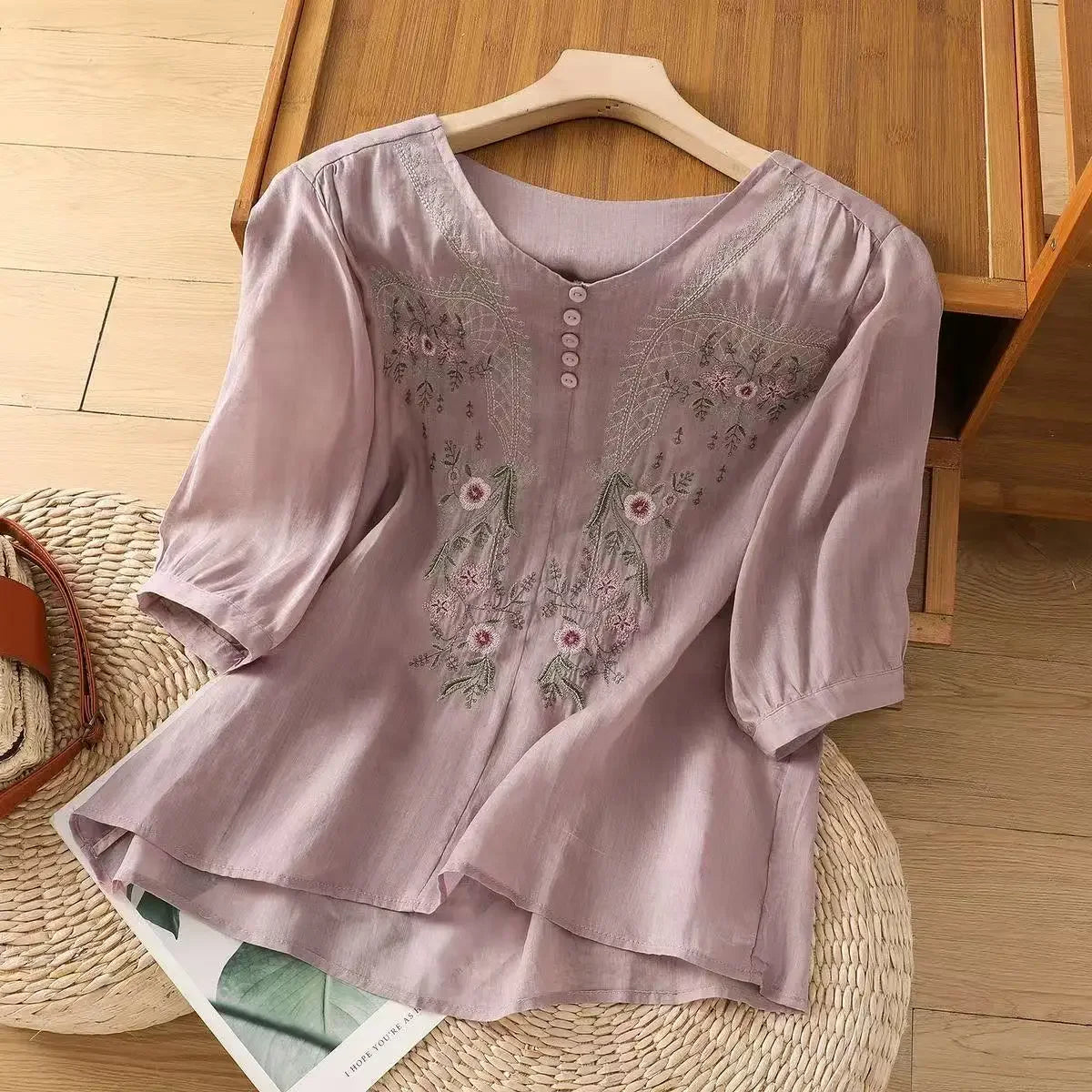 Linen V-neck EmbroideryTop For Women