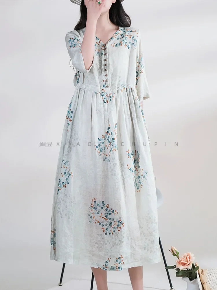 Summer Dress Women 2025 Long Print Elegant Clothing Vintage Elastic Waist Korean Beach Style V-Neck Fashion Robe Ropa De Mujer