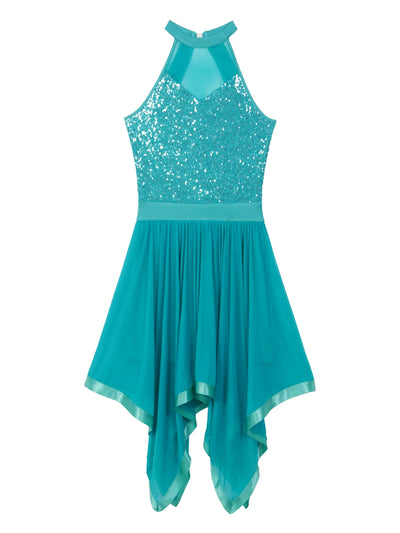 Elegant Ballet Leotards Dance Dress For Women Shiny Sequins Asymmetrical Hem Mesh Lyrical Dresses Prom Performance Costume