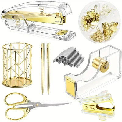 Complete Office Supplies Set -Acrylic Stapler Tape Holder Pen Holder Ballpoint Pens Scissors Binder Paper Clip Staples