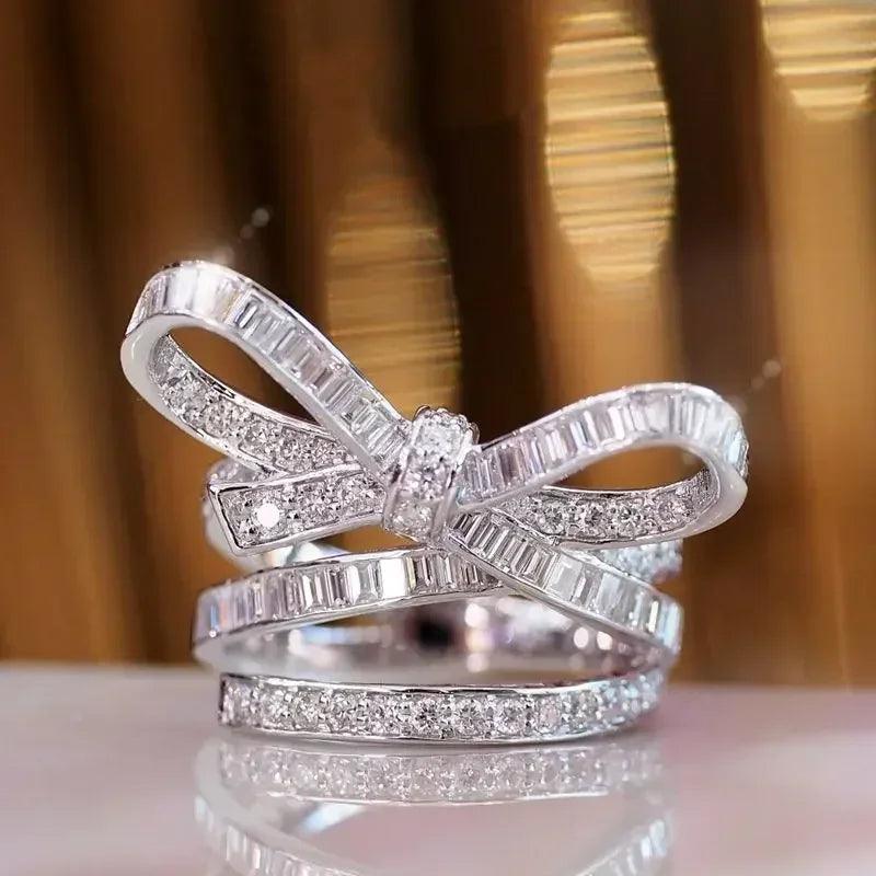 Luxury bow design rings for women wedding jewelry fashion bridal ring shiny zircon geometric crystal accessories