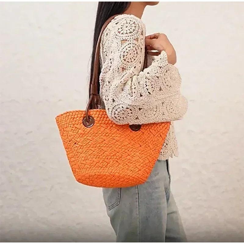 Designer bohemian chic shoulder bag,solid color large capacity straw woven tote bag,nature-inspired beach vacation