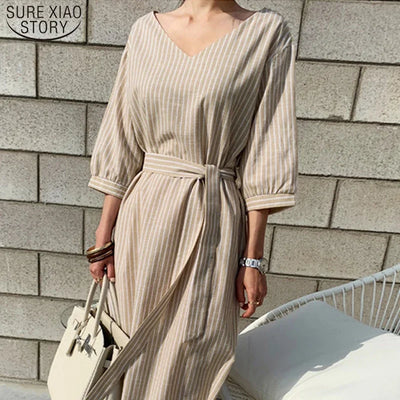 2021 Summer Striped Cotton Linen Long Dress Women Fashion Loose Vestidos Vintage V-neck Half Sleeve Dress for Women Loose