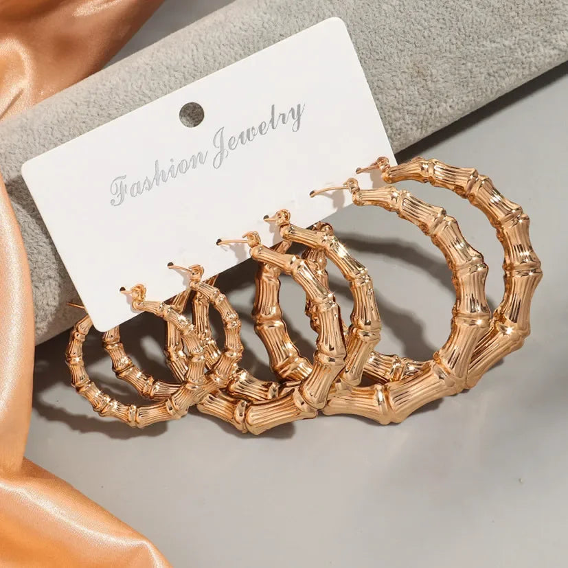 3Pair/set Statement Gold Color Big Bamboo Circle Hoop Earrings for Women Hip Hop Large Round Geometric Earrings Hoops Jewelry