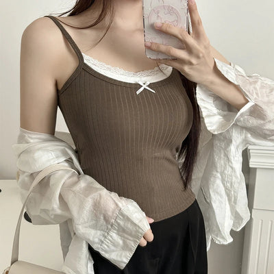 Women Bow Patchwork Lace Two-piece Tank Tops