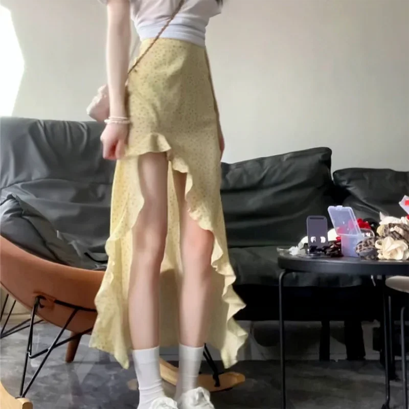 Ruffled Floral Skirt for Women Summer Mid Long High Waist Skirt Red Irregular Sexy Split Skirt Fashion Beachwear Y2k Clothing