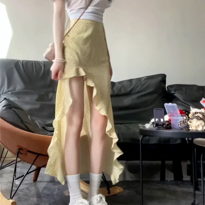 Ruffled Floral Skirt for Women Summer Mid Long High Waist Skirt Red Irregular Sexy Split Skirt Fashion Beachwear Y2k Clothing