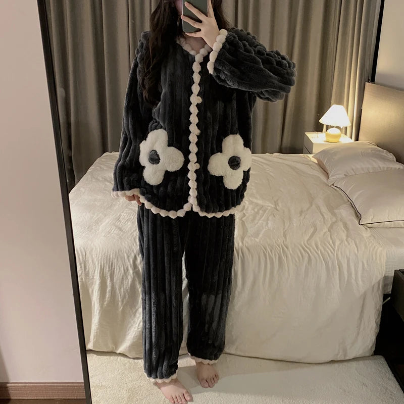 Jielur Winter New Flannel Pajamas for Women Sweet Solid Color Warm Flower Thickened Home Clothes Sleepwear Set Cardigans Suit