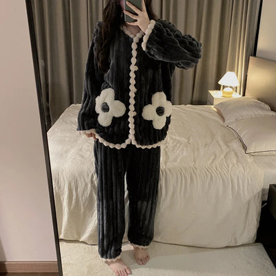 Jielur Winter New Flannel Pajamas for Women Sweet Solid Color Warm Flower Thickened Home Clothes Sleepwear Set Cardigans Suit