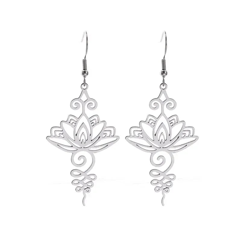 Stainless Steel Engraved Lotus Pendant Earrings for Women Yoga Meditation Jewelry Gifts