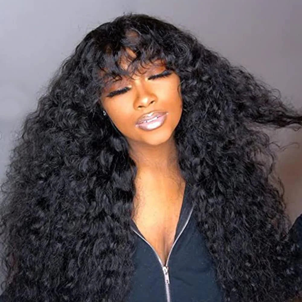 Curly Human Hair Wigs with Bangs Water wave Wig Brazilian Unprocessed Virgin Hair Machine Made Curly Human Wigs 150% Density