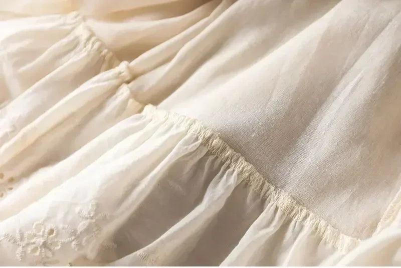 Vintage chic embroidery linen cotton long skirts women summer elastic high waist pleated maxi skirt female elegant
