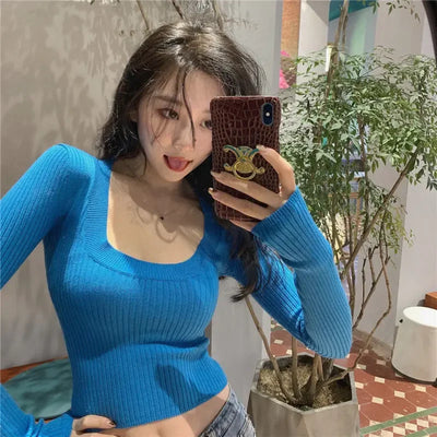 Woman Sweaters Slim-Fit U Collar Sweater Women's Spring Autumn Short Elastic Long-Sleeved Sweater Top